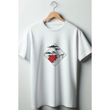  Manzara Baskılı Oversize Bisiklet Yaka Beyaz Tshirt