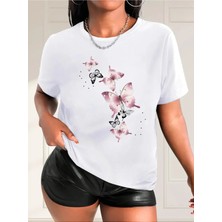  Kelebek Grafikli Rahat Spor T-Shirt