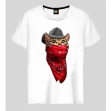  Kırmızı Maskeli Kedi Tshirt Beyaz Model 243
