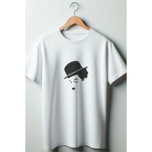  Charlie Chaplin Baskılı Oversize Bisiklet Yaka Beyaz Tshirt