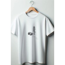  Yol Ayrımı Baskılı Oversize Bisiklet Yaka Beyaz Tshirt
