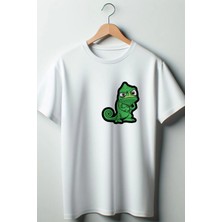  Bukalemun Baskılı Oversize Bisiklet Yaka Beyaz Tshirt