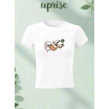  Sushi Roll Baskılı Pamuklu Likralı Body Tee Crop T-Shirt