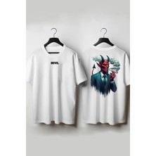  Devil - Şeytan Sırt ve Göğüs Baskılı Beyaz Oversize Bisiklet Yaka Tshirt
