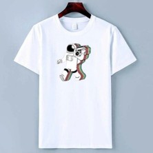  Unısex Oversıze Pamuklu Astronot Baskılı Siyah Beyaz Indigo Renk T-Shirt