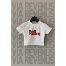  Iron Maiden Baskılı Dar Kalıp Bisiklet Yaka Likralı Beyaz Crop