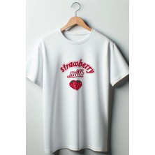  Strawberry Milk Yazı Baskılı Coquette 2024 Modası Beyaz Oversize Bisiklet Yaka Tshirt
