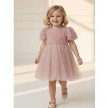 Zekids Kız Çocuk Gül Desenli Tül Abiye Elbise