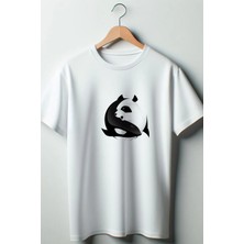  Panda ve Balina Baskılı Oversize Geniş Kalıp Unisex Bisiklet Yaka Beyaz Tshirt