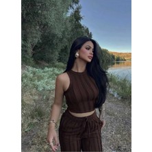 EVOA Halter Yaka Crop ve Fırfırlı Gagari Pantolon Takım L - Kahverengi