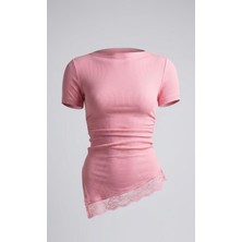 EVOA Kayık Yaka Yırtmaçlı Dantel Detaylı Bluz L - Pembe