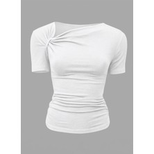 EVOA Asimetrik Yaka Drape ve Büzgü Detaylı Bluz S - Beyaz
