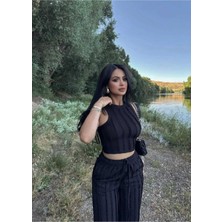EVOA Halter Yaka Crop ve Fırfırlı Gagari Pantolon Takım L - Siyah
