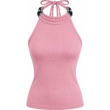 EVOA Boncuk Detaylı Sırt Dekolteli Bluz S - Pembe