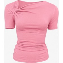 EVOA Asimetrik Yaka Drape ve Büzgü Detaylı Bluz S - Pembe