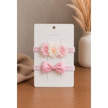 Laria Kız Bebek Çocuk Bandana Ikili Set Incili Çiçekli ve Dantelli Fiyonk Saç Bandı