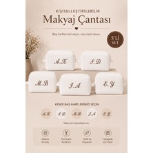 Beige & Stone Beyaz Kişiye Özel Harf Nakışlı 5'li Pamuklu Hediyelik Kadın Makyaj Kozmetik ve Seyahat Çantası Seti