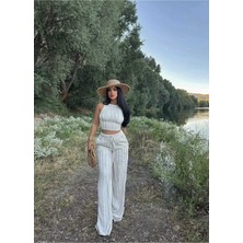 EVOA Halter Yaka Crop ve Fırfırlı Gagari Pantolon Takım M - Bej