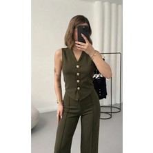 EVOA Gold Düğmeli Yelek ve Bol Paça Pantolon Takım L - Haki