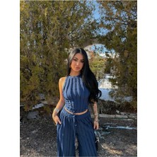 EVOA Halter Yaka Crop ve Fırfırlı Gagari Pantolon Takım S - Lacivert