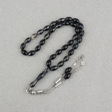 Lapisdo Sıkma Kehribar Beyzi Kesim Alpaka Püsküllü 7X11MM Tesbih Siyah Gri