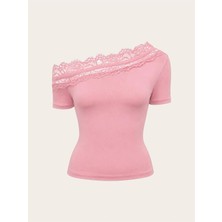 EVOA Dantel Detaylı Tek Omuz Şık Bluz S - Pembe