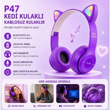 Tastech P47M Kedi Kulaklı Bluetooth Kulaklık Rgb LED Işıklı Kablosuz Kulaküstü Şarjlı Kulaklık Hafıza Kartı ve Aux Girişli Mikrofonlu Kulaklık