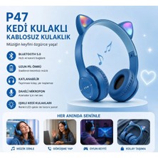 Tastech P47M Kedi Kulaklı Bluetooth Kulaklık Rgb LED Işıklı Kablosuz Kulaküstü Şarjlı Kulaklık Hafıza Kartı ve Aux Girişli Mikrofonlu Kulaklık