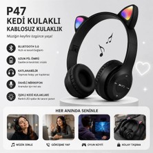 Tastech P47M Kedi Kulaklı Bluetooth Kulaklık Rgb LED Işıklı Kablosuz Kulaküstü Şarjlı Kulaklık Hafıza Kartı ve Aux Girişli Mikrofonlu Kulaklık