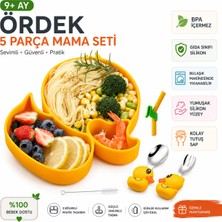 Jojobebek Vakumlu Silikon Mama Tabağı, Silikon Saplı Çelik Uçlu Çatal ve Kaşık Set ( Ördek Figürlü )