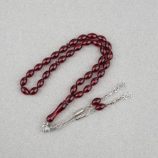 Lapisdo Sıkma Kehribar Beyzi Kesim Alpaka Püsküllü 7X11MM Tesbih Kırmızı