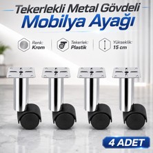 Nzb (4 Adet) Metal Gövdeli Plastik Tekerlekli 15 cm Krom Mobilya Sehpa Baza Ayağı Seyyar Ayak