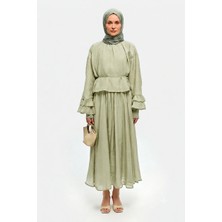 Miraydin Butik Kadın Kolu Fırfır Detaylı Belden Bağlamalı Etekli Takım M41675 - Küf Yeşili