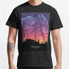 Bol Kalıp Unisex Edinburgh Skyline Map Tasarım Baskılı Tshirt