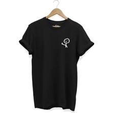 Unisex Bol Kalıp Siyah Orta Parmak Hareketi Göğüs Baskılı Komik Kısa Kollu T-Shirt