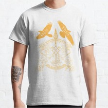 Bol Kalıp Unisex Norse Mythology Spear Of Odin Gungnir Runes Geri Freki Huginn Muninn Baskılı Tshirt