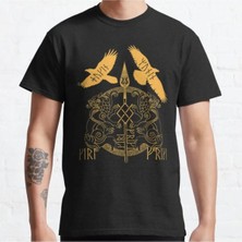 Bol Kalıp Unisex Norse Mythology Spear Of Odin Gungnir Runes Geri Freki Huginn Muninn Baskılı Tshirt