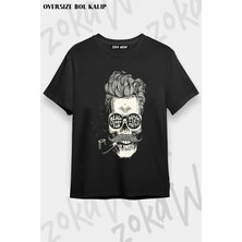 Unisex Oversize Kalıp Pipo Içen Kuru Kafa Tasarım Baskılı Tshirt