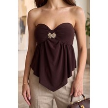 Hadiora Kahverengi Straplez Crop Top - Gloplu, Aksesuar Detaylı Şık Bluz