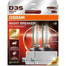 Osram D3S Xenarc Nıght Breaker Laser Xenon Far AMPULÜ,%220 Daha Fazla Görüş, 250 Metre Görüş Mesafesi, 3 Yıl Garanti, 2'li Paket