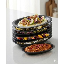 Biodata 4 Adet 32X21 cm Melamin Oval Kayık Salata Mezelik Makinede Yıkanabilir Siyah Servis Tabağı