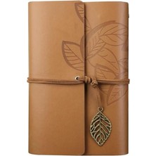 Die Grup Retro Tasarımlı Yaprak Baskılı Deri Kapaklı Günlük Defter, Açık Kahverengi