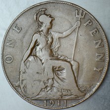 Banknoting Birleşik Krallık 1 Penny 1911 Kral 5. George Dönemi. 31 mm Ingiltere.