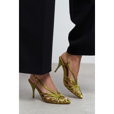 Nişantaşı Shoes Eryu Yeşil Saten Burnu Açık Detay Kafesli Kadın Topuklu Ayakkabı