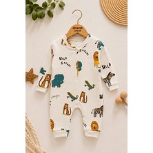 Dinamik çocuk Erkek Bebek Tulum Bej Safari Desenli Uzun Kollu Çıtçıtlı Pamuklu Mevsimlik Tulum 1-3-6 Ay