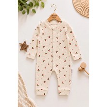Dinamik çocuk Kız Bebek Tulum Ekru Minik Kiraz Desenli Uzun Kollu Çıtçıtlı Pamuklu Mevsimlik Tulum 1-3-6 Ay