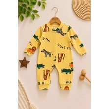 Dinamik çocuk Bebek Tulum Sarı Safari Desenli Uzun Kollu Çıtçıtlı Pamuklu Mevsimlik Tulum 1-3-6 Ay