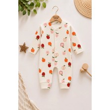 Dinamik çocuk Bebek Tulum Ekru Elma Desenli Uzun Kollu Çıtçıtlı Pamuklu Mevsimlik Tulum 1-3-6 Ay