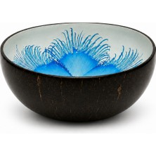 Naturel Dekor Doğal Çiçekli Mavi El Yapımı Tasarım Sunumluk ve Dekoratif 1 Adet Hindistan Cevizi Kase 14X7 cm