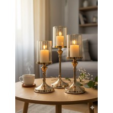 Volix Dizayn 3'lü Gold Şamdan Seti 34-29-24 cm – Dekoratif Masa Şamdanı Salon & Yemek Masası Mumluk